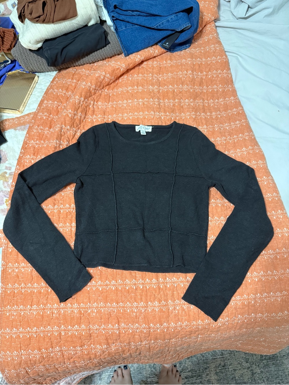 Black Long-Sleeve Grid Seam Knit Top by Grey Bandit